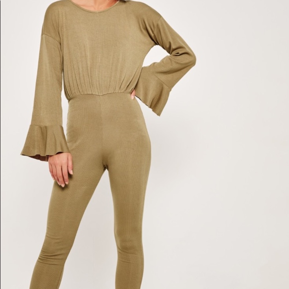 Missguided flutter sleeve romper in khaki.
